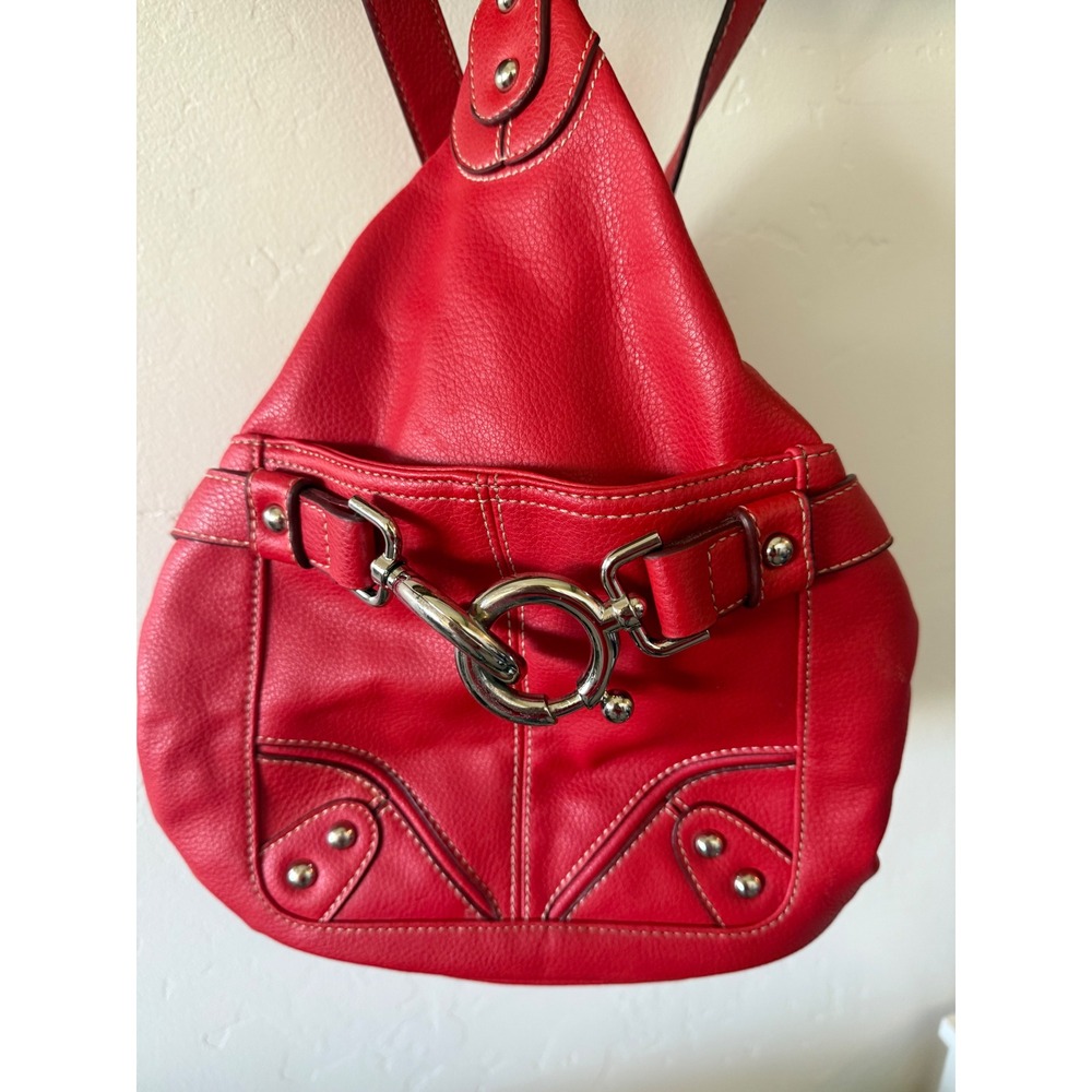 Nine West Red Pebbled Faux Leather Sling Backpack Silver Hardware O-Ring Detail